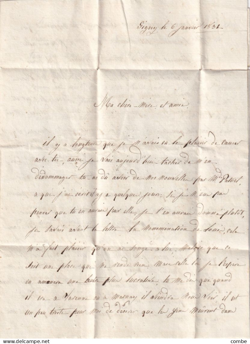 LETTRE. 6 JAN 1831. 70/SENECEY (39mm ). SAONE ET LOIRE. DE GIGNY. POUR CHALON. TAXE 2 - 1801-1848: Précurseurs XIX