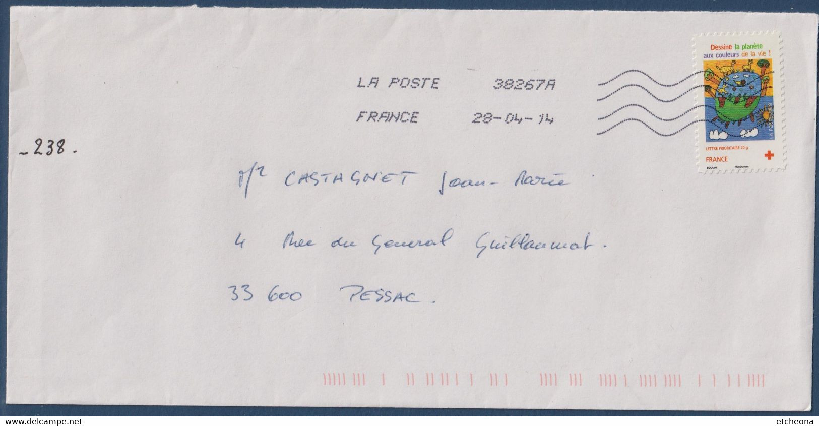 Croix Rouge "Dessine La Planète Aux Couleurs De La Vie" Seul Sur Lettre Adhésif N°238 Le 28 04 14 - Storia Postale