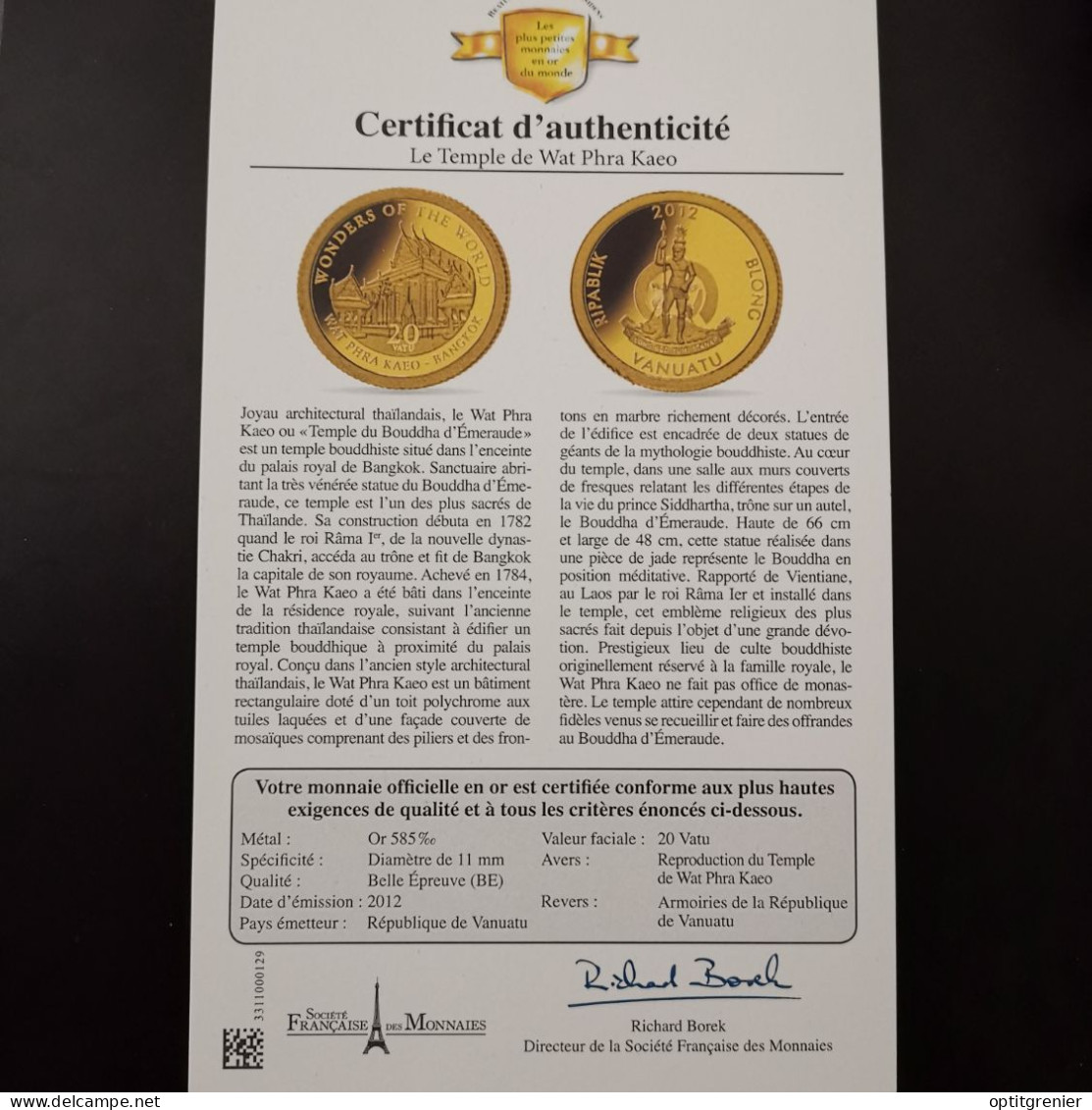 20 VATU OR 2012 BE LE TEMPLE DE WAT PHRA KAEO VANUATU / GOLD / 0.5g Or 585 + CERTIFICAT - Vanuatu