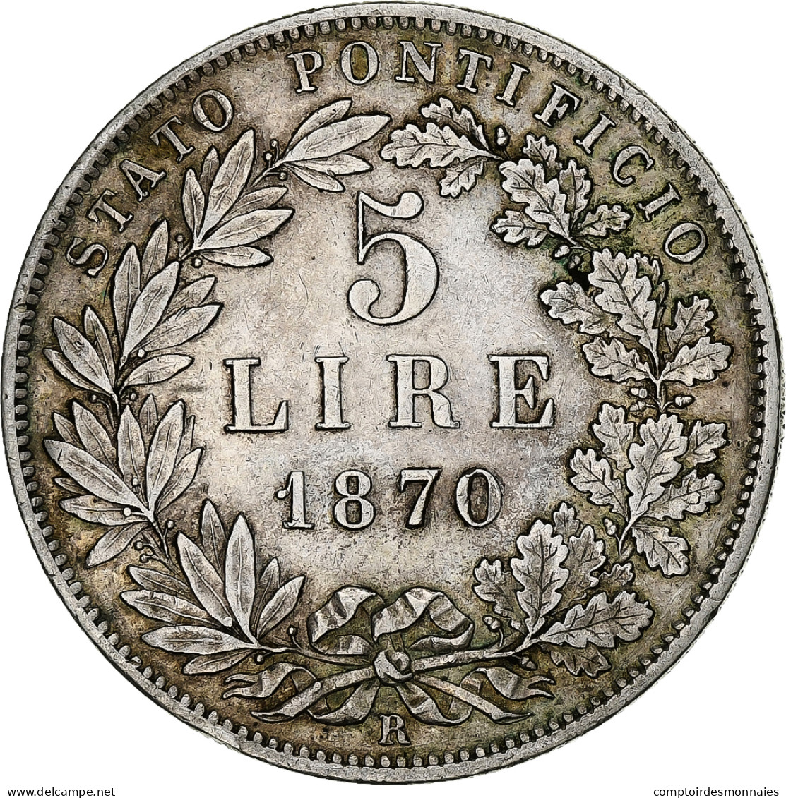 États Italiens, PAPAL STATES, Pius IX, 5 Lire, 1870, Rome, Argent, TTB, KM:1385 - Vatican