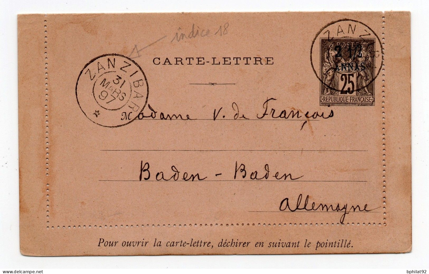 !!! ENTIER POSTAL DE ZANZIBAR POUR L'ALLEMAGNE DU 31/3/1897 - Brieven En Documenten