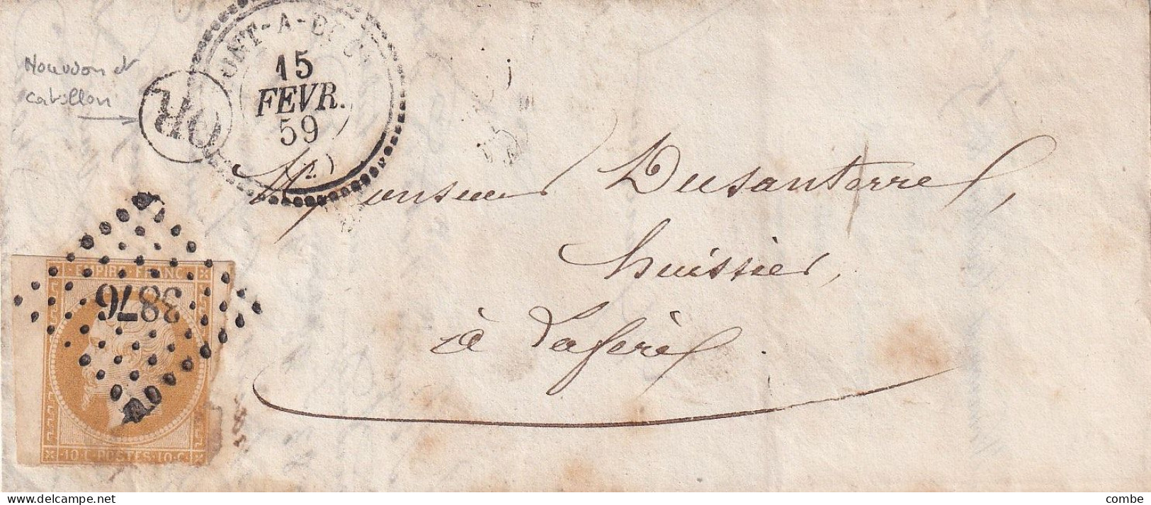 LETTRE. 15 FEVR 59 . N° 13. PERLÉ T22. PONT A BUCY. AISNE. ORIGINE RURALE OR = NOUVION ET CATILLON. POUR LA FERE - 1849-1876: Klassieke Periode