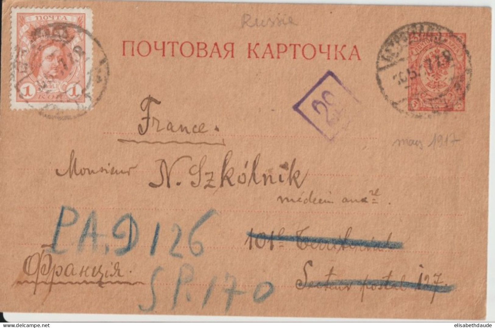 RUSSIE / POLOGNE - 1917 - CP ENTIER => POLONAIS MEDECIN MILITAIRE AUXILIAIRE AU 101° TERRITORIAL SP 127 => SP 170 - Lettres & Documents