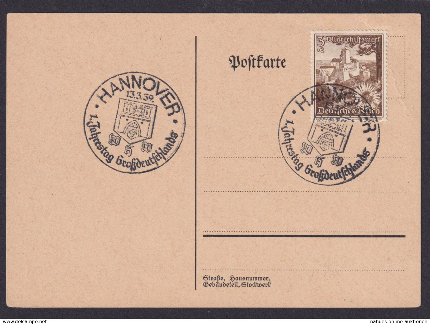 Hannover Deutsches Reich Postkarte SSt 1. Jahrestag Großdeutschlands - Covers & Documents