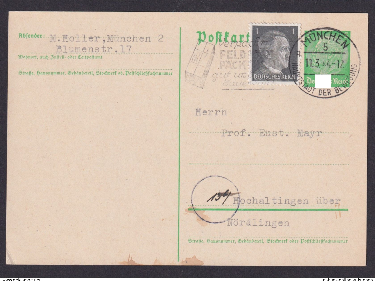 München Hochaltingen Deutsches Reich Ganzsache SST Feldpost Päckchen Hauptstadt - Lettres & Documents