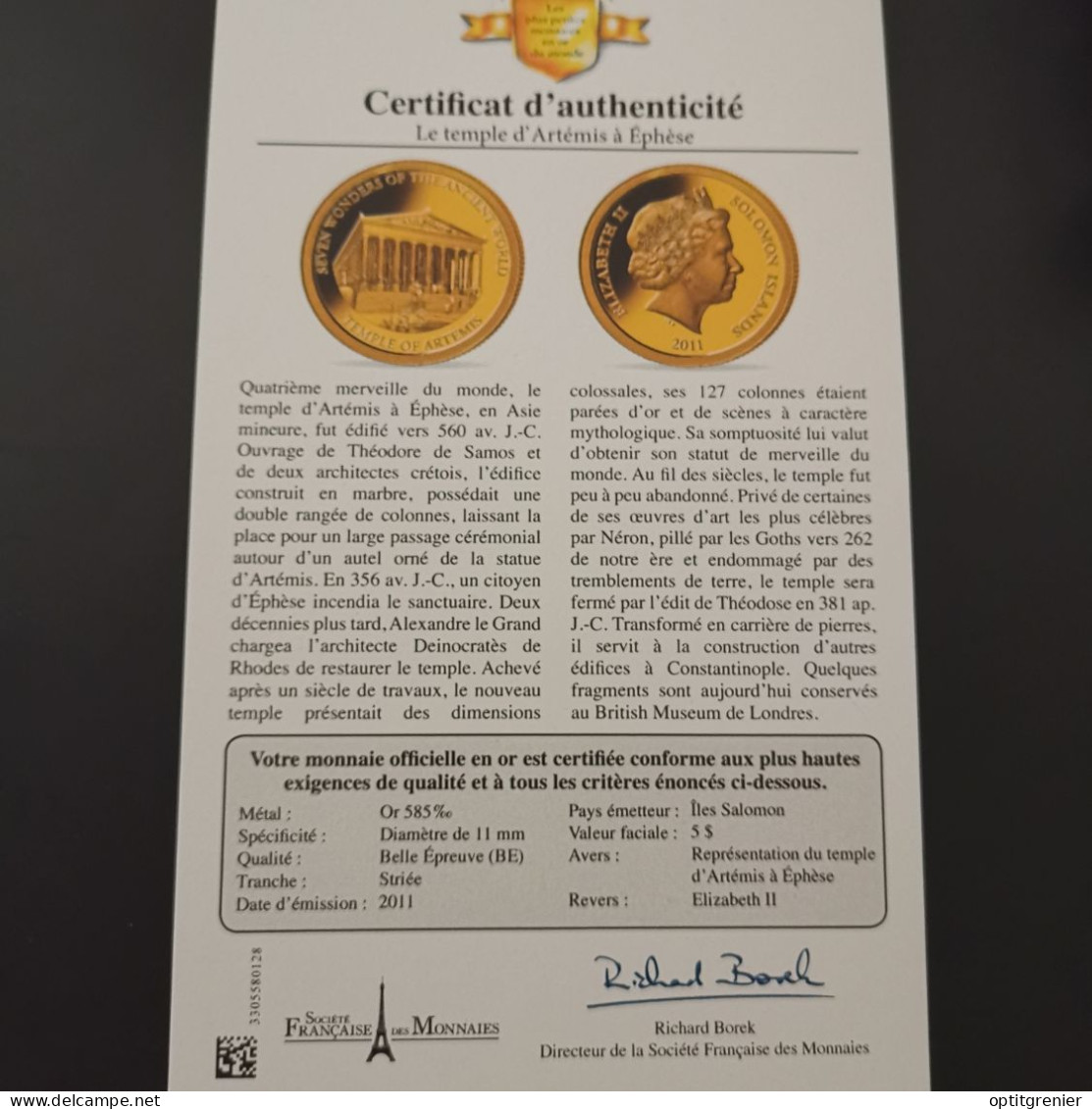 5 DOLLARS OR 2011 BE LE TEMPLE D'ARTEMIS ILES SALOMON / GOLD / 0.5g Or 585 + CERTIFICAT - Isole Salomon