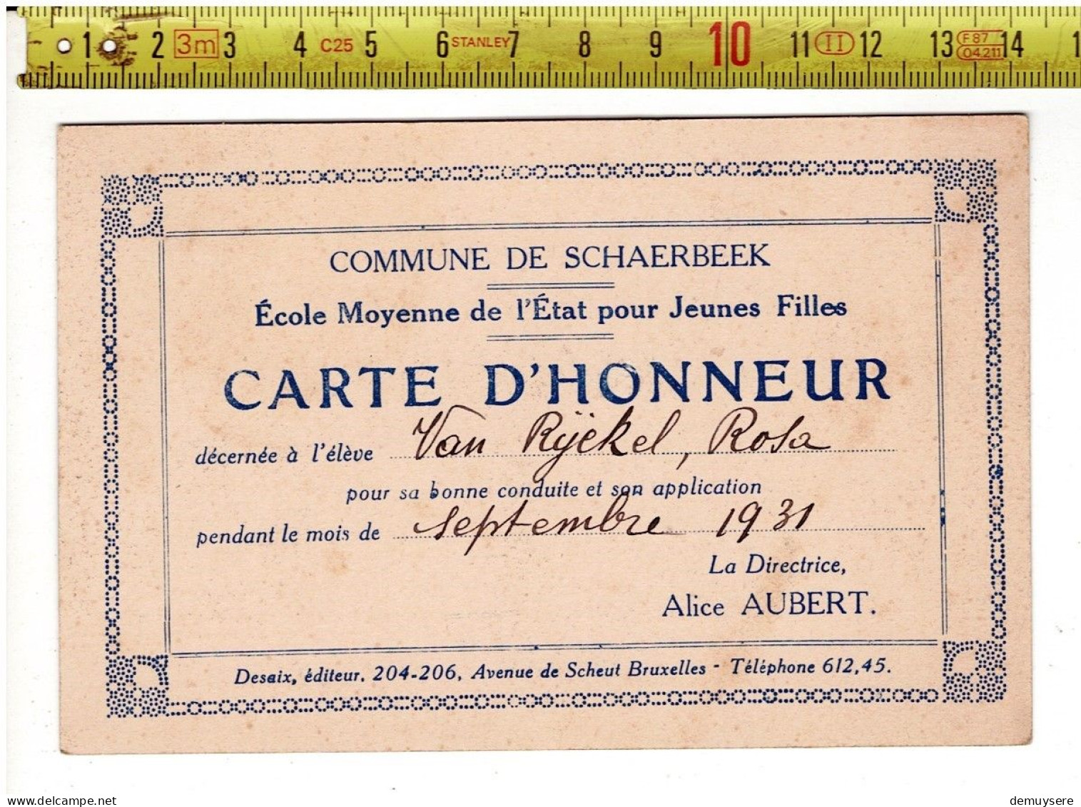 68060 - COMMUNE DE SCHAERBEEK ECOLE MOYENNE DE L ETAT POUR JEUNNES FILLES - CARTE D HONNEUR - Membership Cards