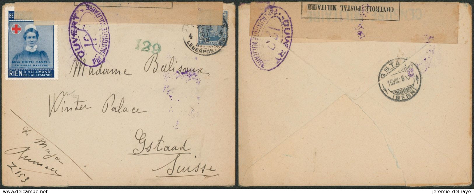 Guerre 14-18 - N°141 Sur Lettre Obl P.M.B. 4 (26/7/18) + Bandelette De Censure & Vignette > Gstaad (Suisse) - Belgisch Leger