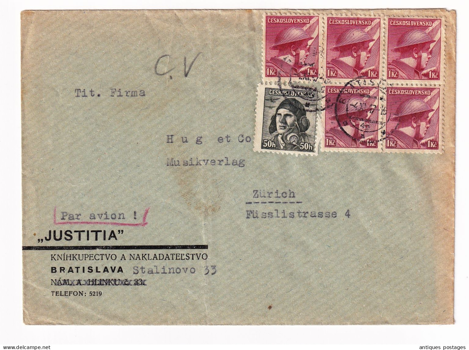 Czechoslovakia 1947 Bratislava Tchécoslovaquie Zurich Suisse Československo Justitia - Lettres & Documents