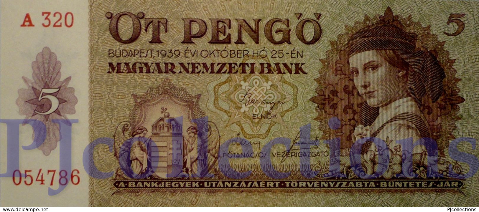 HUNGARY 5 PENGO 1939 PICK 106 AUNC - Hongarije