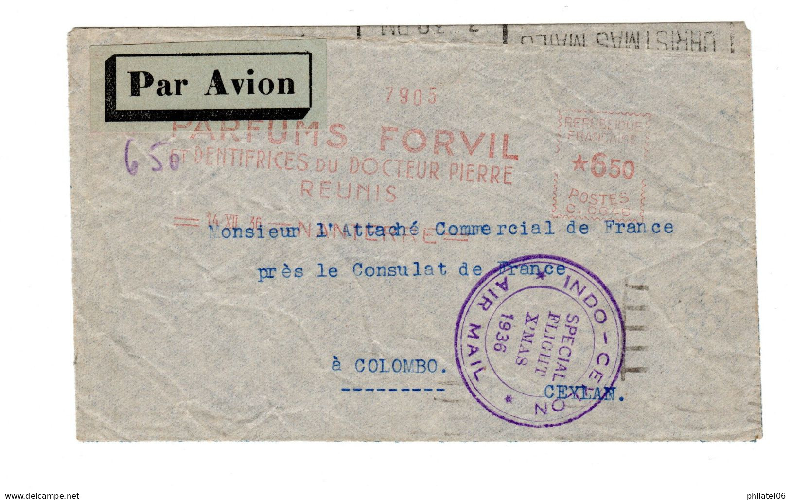 FRANCE  LETTRE VOL SPECIAL  POSTE AERIENNE   1936 POUR CEYLAN - Commemorative Postmarks