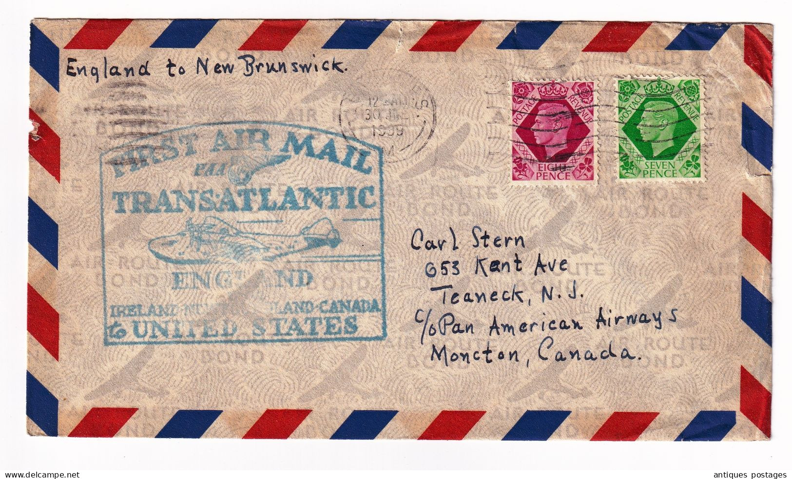 Lettre 1939 England First Air Mail Transatlantic Canada Teaneck New Jersey Moncton New Brunswick - Cartas & Documentos