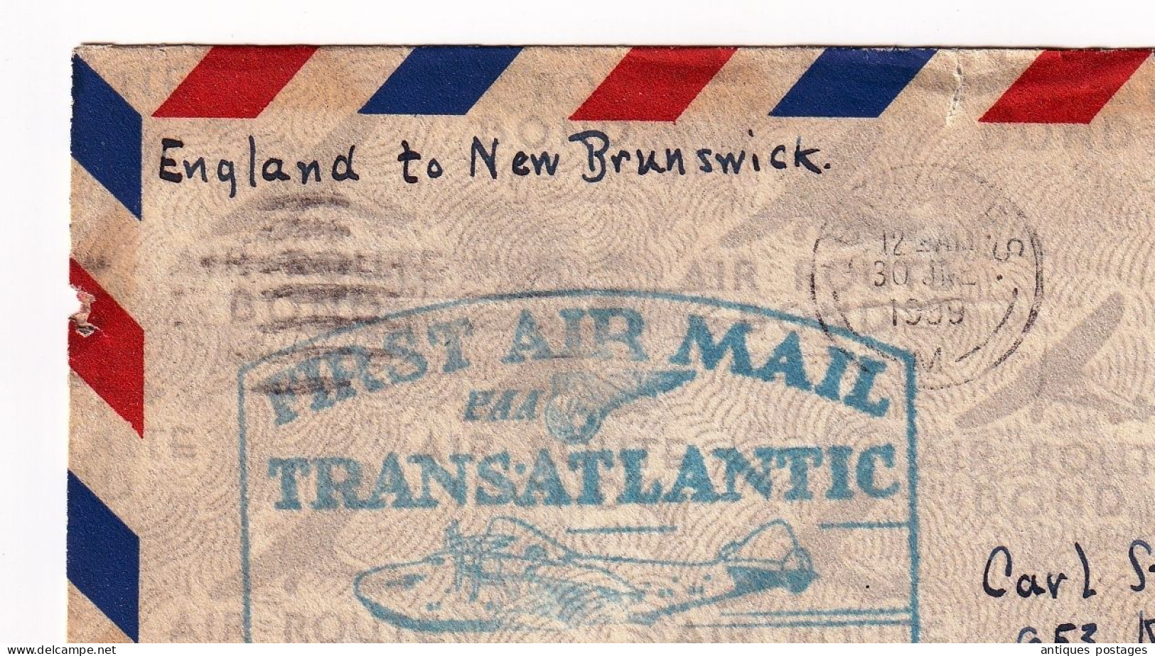 Lettre 1939 England First Air Mail Transatlantic Canada Teaneck New Jersey Moncton New Brunswick - Storia Postale