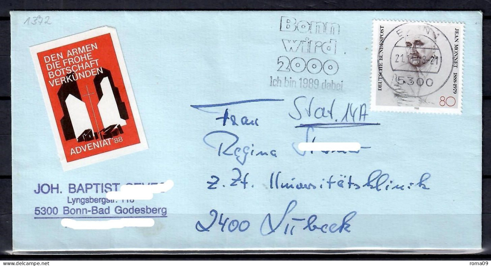 MiNr. 1372; 100. Geburtstag Von Jean Monnet, Auf Portoger. Brief Von Bonn Nach Lübeck; E-141 - Covers & Documents