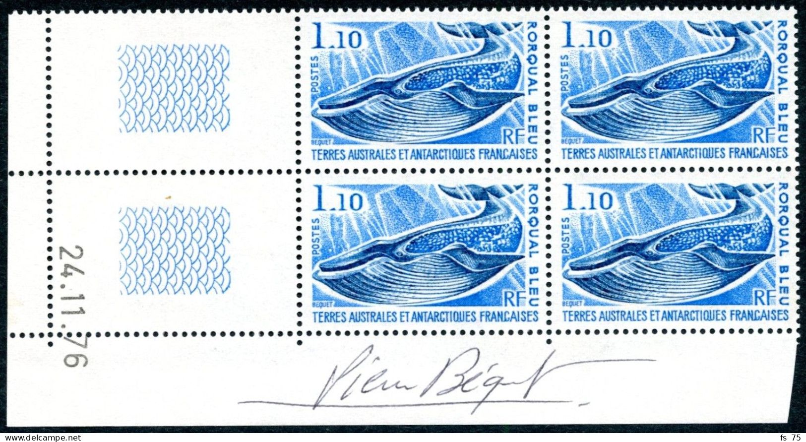 TAAF - N°64 & 65 - CETACES EN BLOCS DE 4 COINS DATES SIGNES PIERRE BEQUET - Unused Stamps