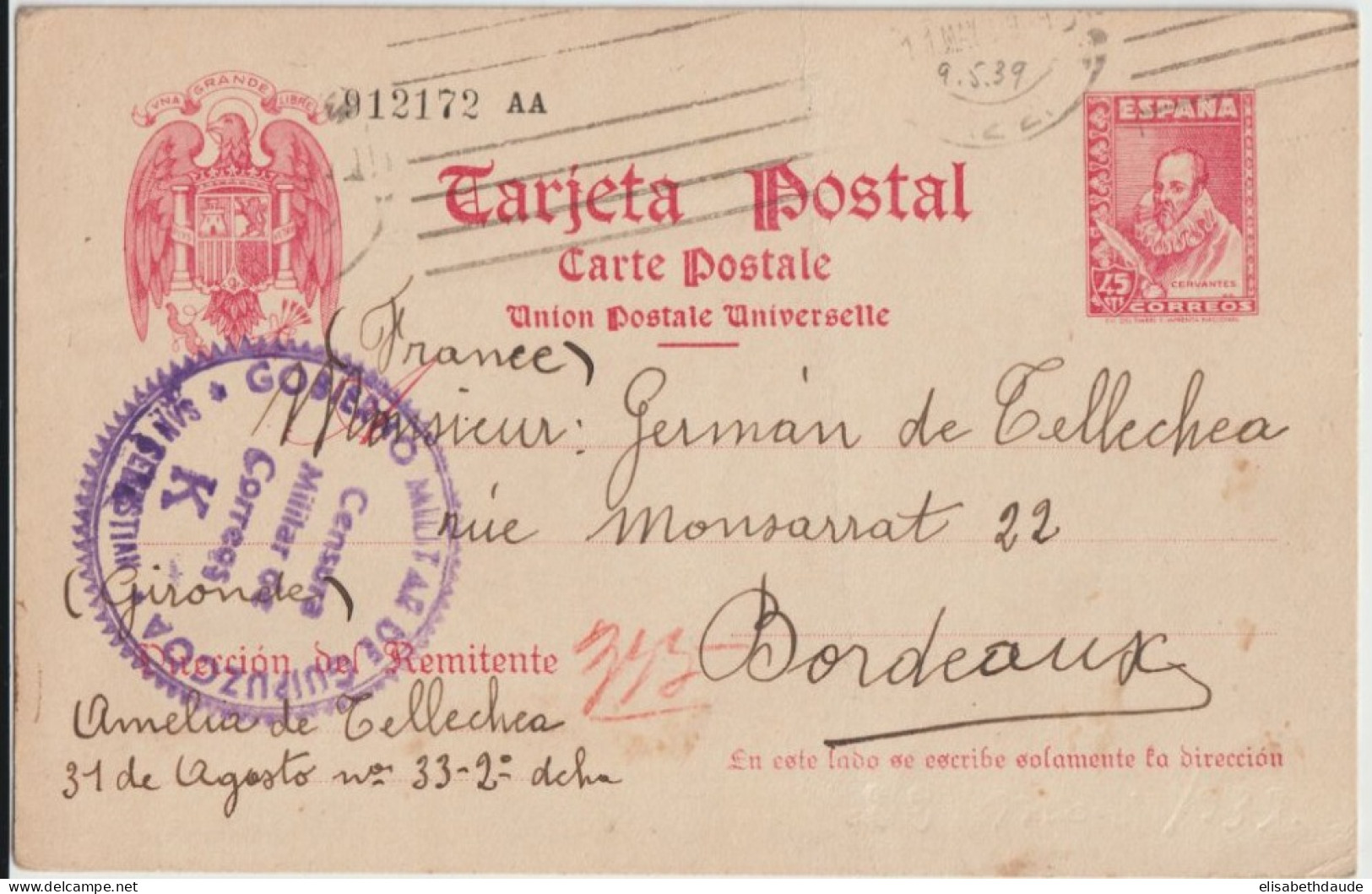 ESPAGNE - 1939 - CP ENTIER CERVANTES RARE !! Avec CENSURE De SAN SEBASTIAN => BORDEAUX - 1931-....