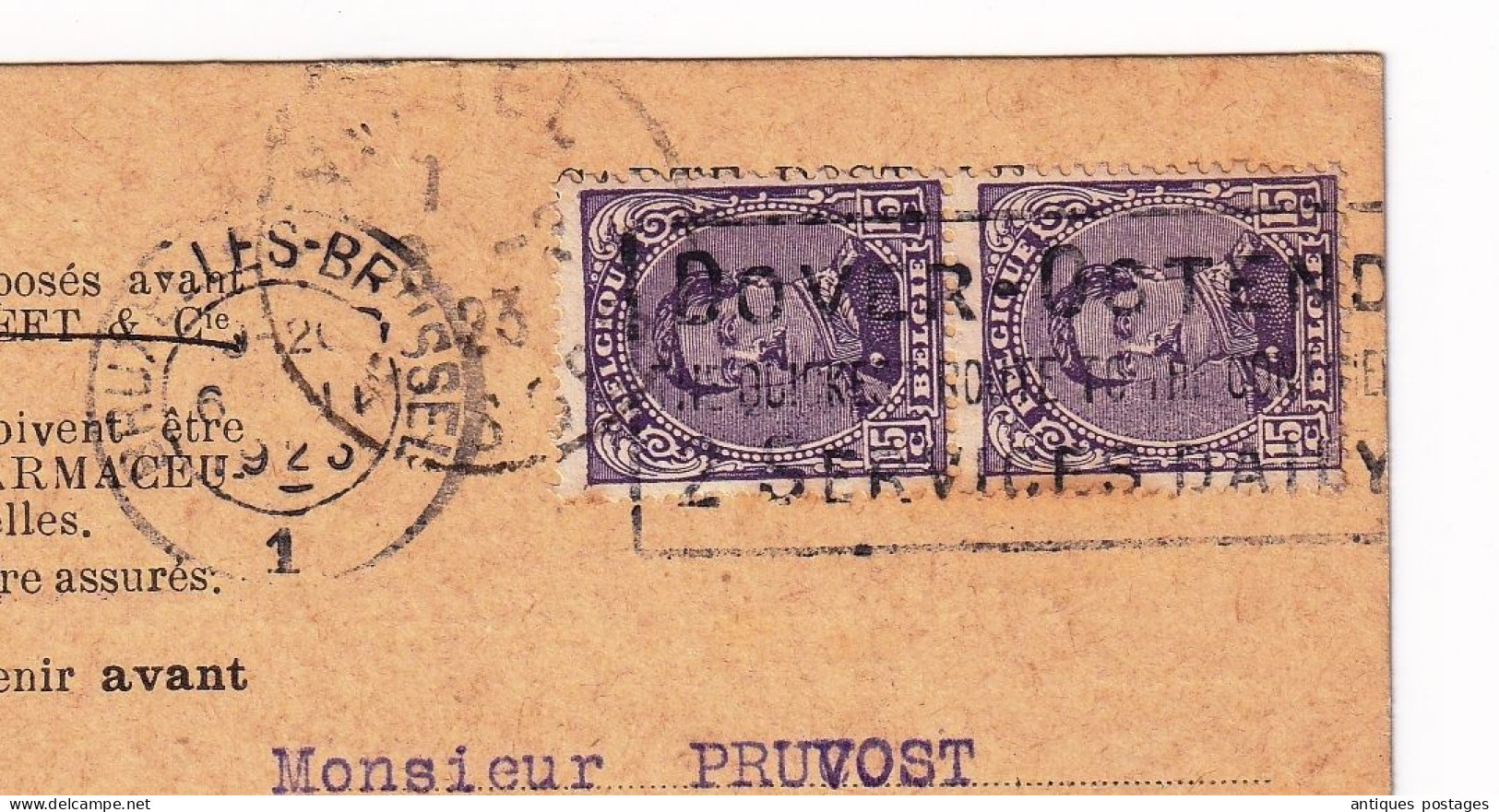 1923 Paire Albert Ier 15 Centimes Belgique Pharmacie Bruxelles Marc Bernheim Vittel Vosges Pruvost Pharmacien - 1915-1920 Albert I.