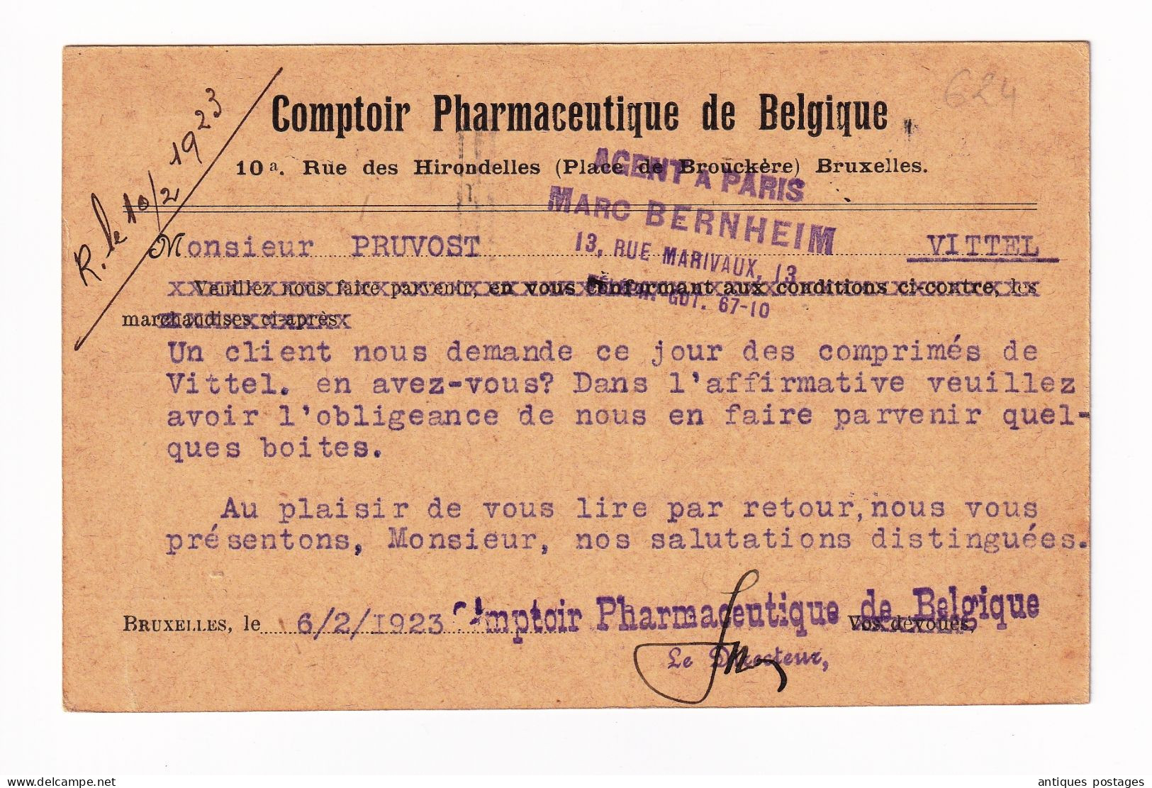 1923 Paire Albert Ier 15 Centimes Belgique Pharmacie Bruxelles Marc Bernheim Vittel Vosges Pruvost Pharmacien - 1915-1920 Alberto I