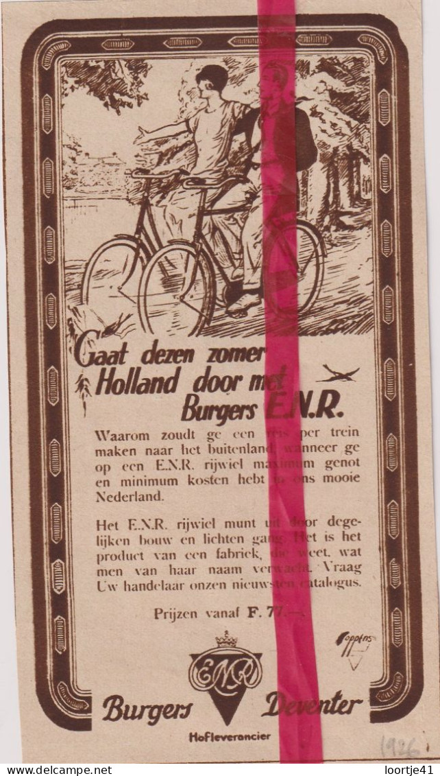 Pub Reclame - Fietsen Burgers , Deventer - Orig. Knipsel Coupure Tijdschrift Magazine - 1926 - Advertising