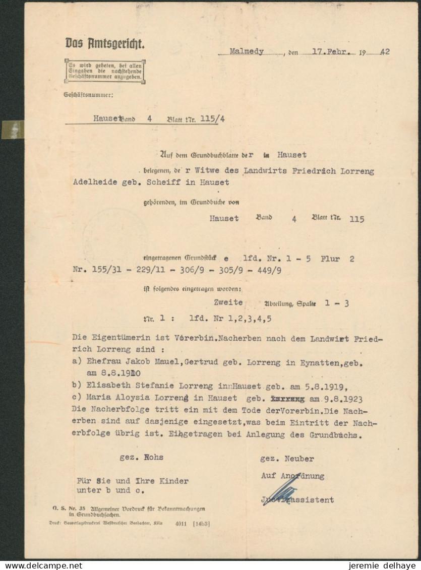 Guerre 40-45 - Document Officiel (tribunal D'instance) Franchise + Cachet Malmedy C Avec Croix (1942) > Hauset / Canton - Oorlog 40-45 (Brieven En Documenten)