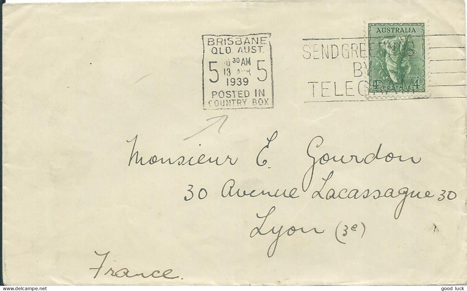 AUSTRALIE LETTRE 4d BRISBANE POUR LYON ( RHONE ) + VIGNETTE DE 1939 LETTRE COVER - Briefe U. Dokumente