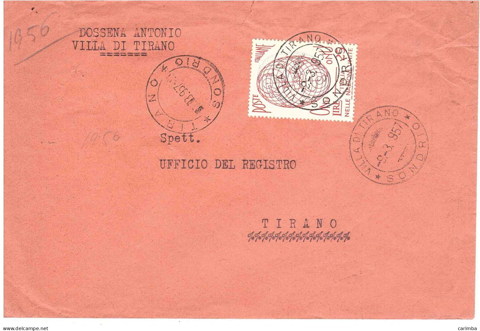 1956 L.25 ONU ANNULLO VILLA DI TIRANO SONDRIO - 1946-60: Afgestempeld