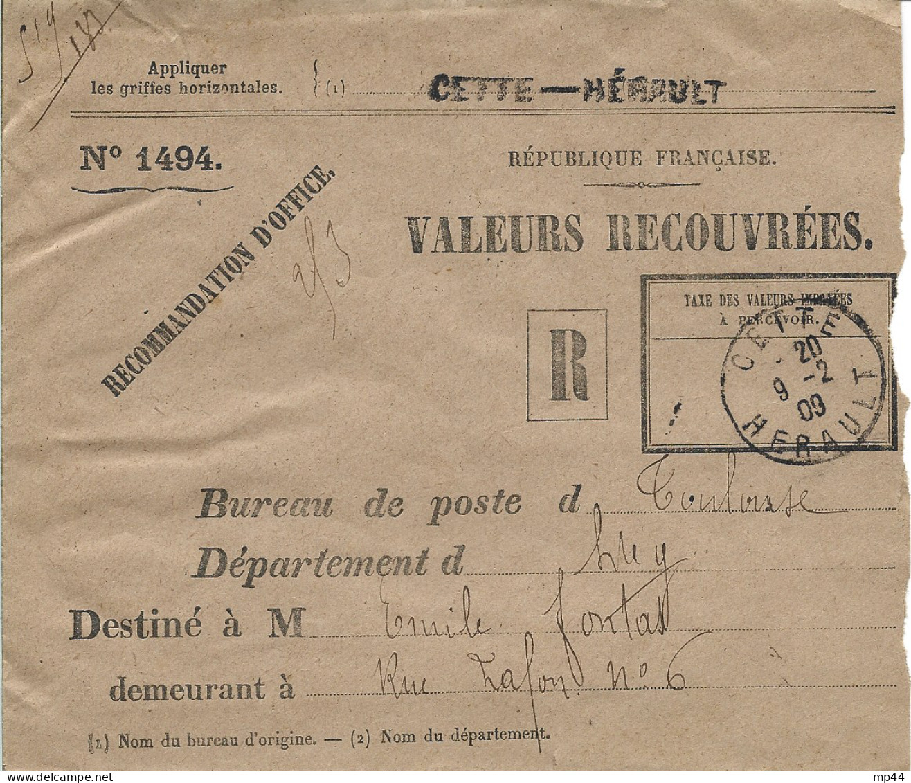 1E13 --- 34 CETTE Valeurs Recouvrées - 1877-1920: Période Semi Moderne