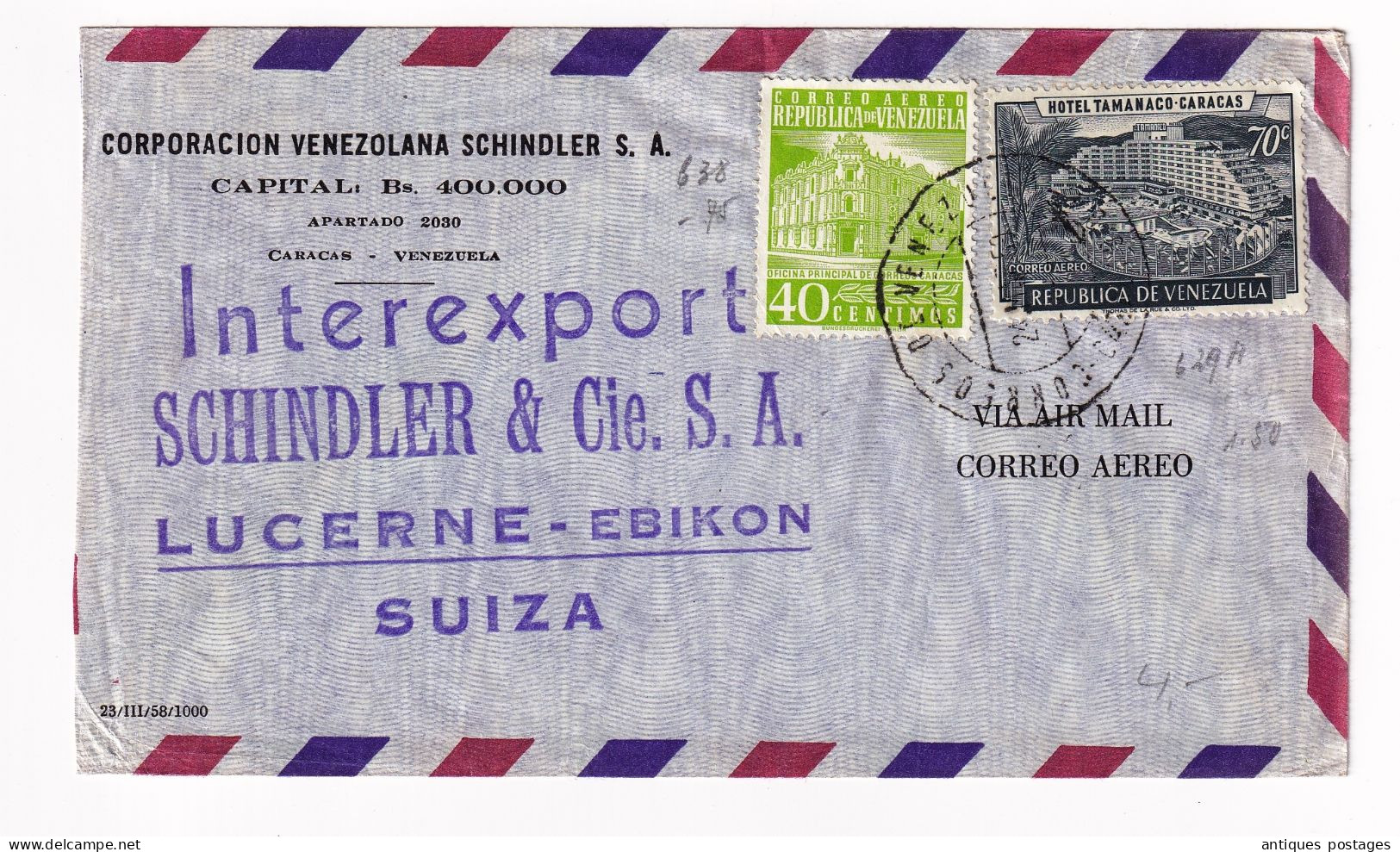 Lettre Caracas 1959 Venezuela Corporacion Venezolana Schindler S.A. Lucerne Suisse Suiza Hotel Tamanaco - Venezuela