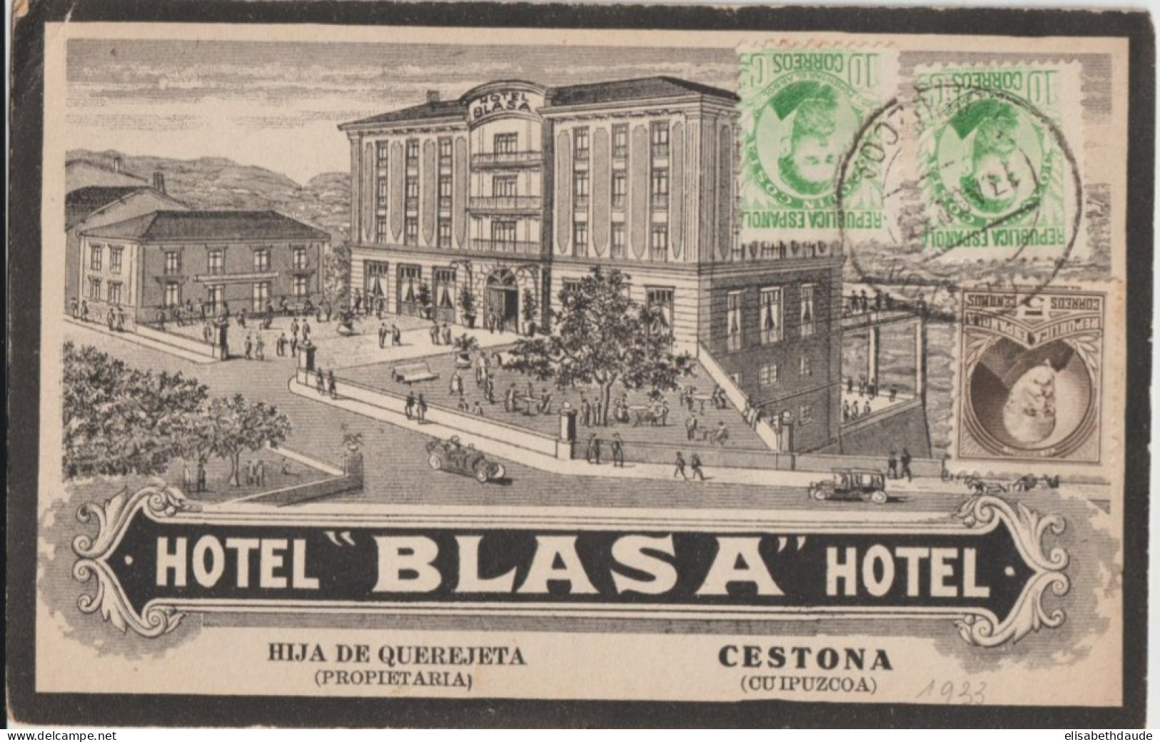 ESPAGNE - 1933 - CP ILLUSTREE HOTEL "BLASA" De CESTONA => BORDEAUX - Covers & Documents