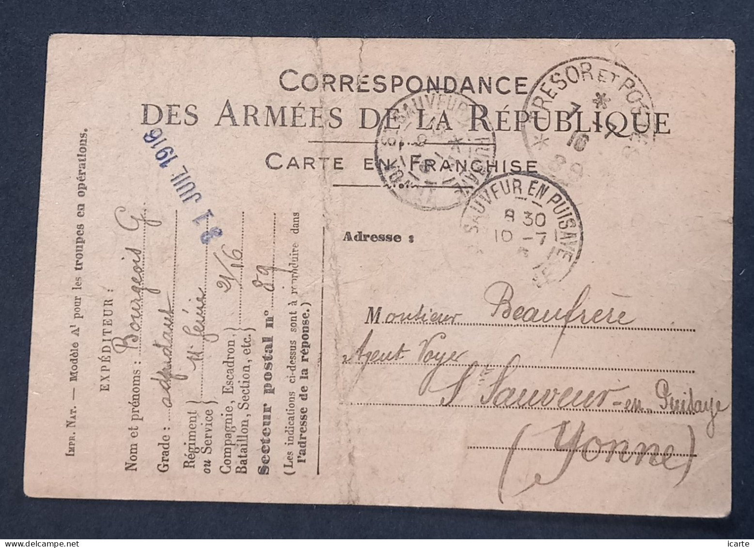 Carte De Franchise Militaire Officielle Du Secteur Postal 89 Du 7-7-1918 > Agent Voyer St Sauveur En Puisaye 10-7-1918 - WW I