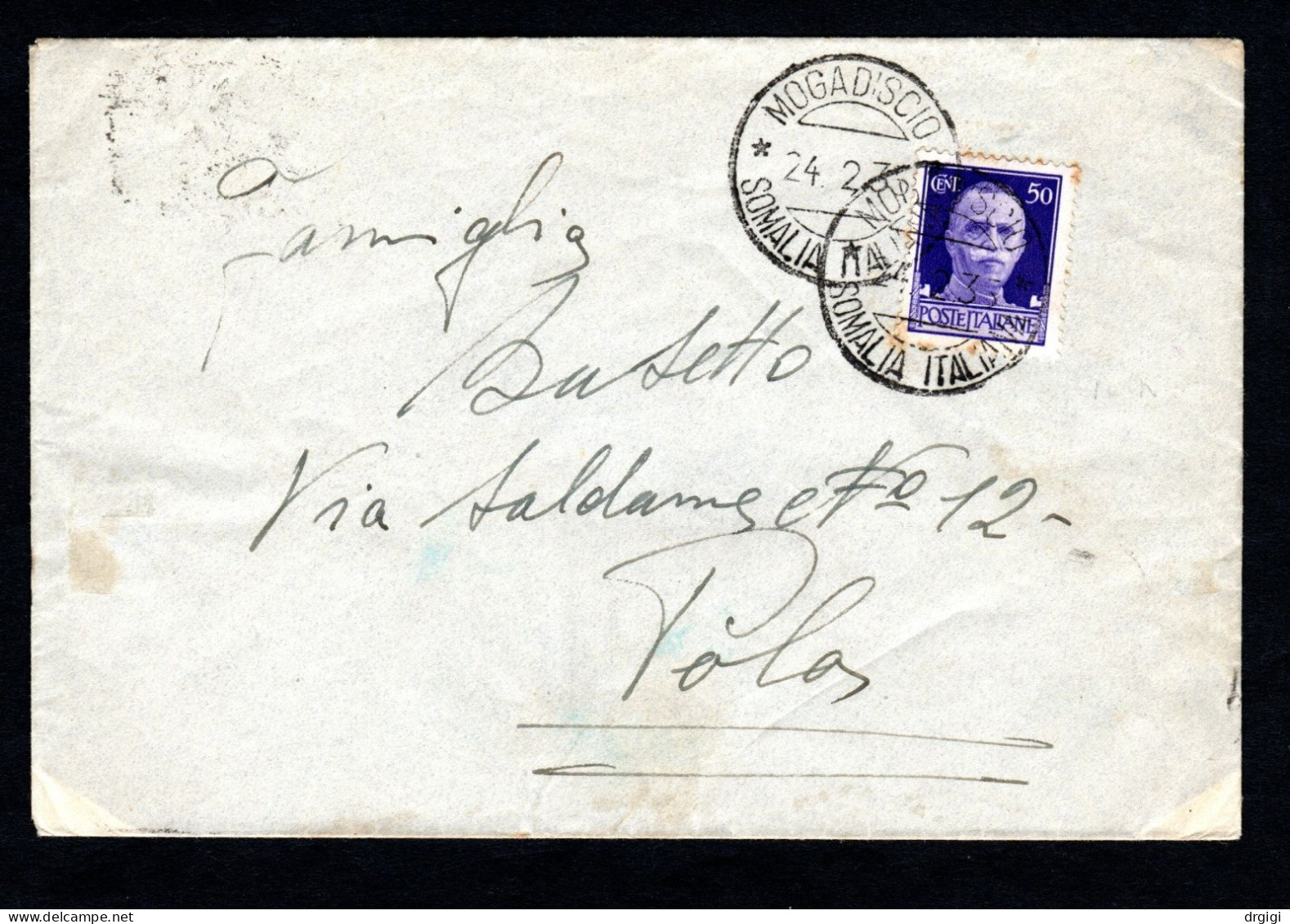 SOMALIA ITALIANA, BUSTA 1935, SASS. 251 IT., MOGADISCIO X POLA - NON COMUNE - Somalie