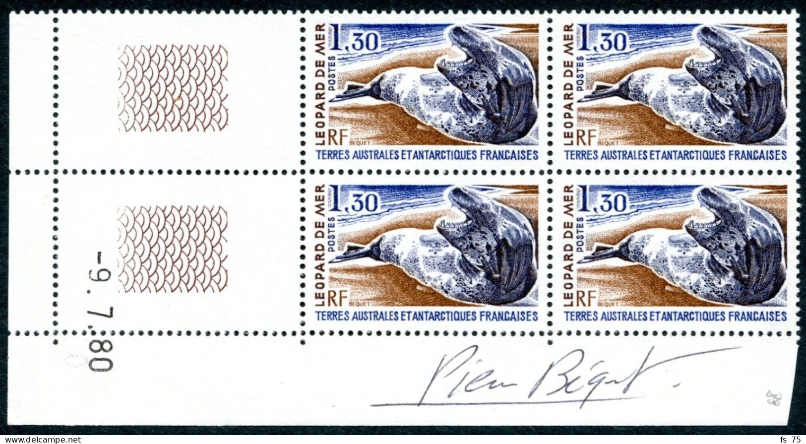 TAAF - N°89 & 90 - LEOPARD DES MERS - 2 BLOCS DE 4 - COINS DATES - SIGNE P. BEQUET - Ongebruikt