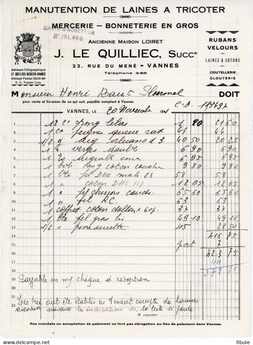 VANNES Manutention De Laines LE QUILLIEC Rue Du Mené - 1900 – 1949