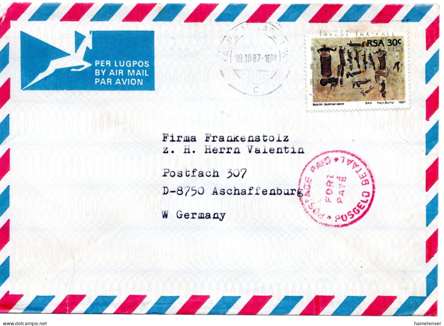 78878 - Südafrika - 1987 - 30c Felsmalereien & "Postage Paid"-Stpl A LpBf CAPE TOWN -> Westdeutschland - Storia Postale