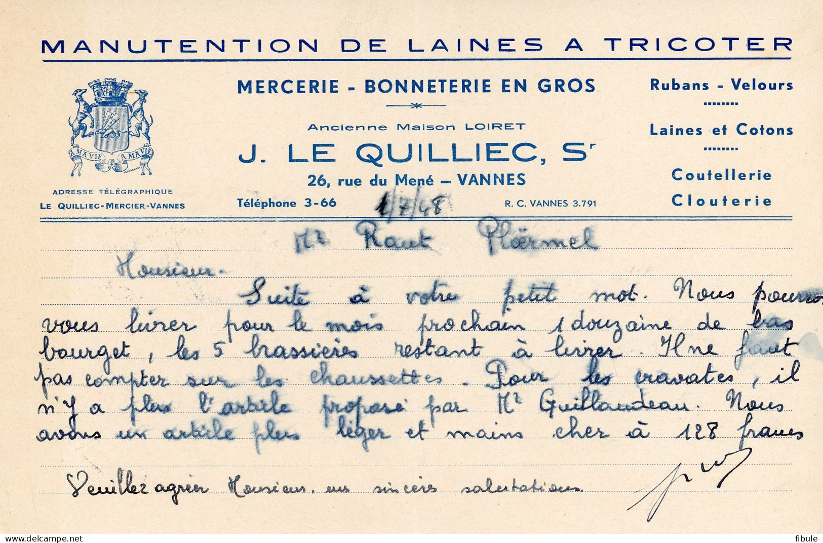 VANNES Manutention De Laines LE QUILLIEC Rue Du Mené 2 Documents - 1900 – 1949