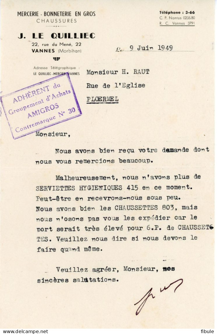 VANNES Manutention De Laines LE QUILLIEC Rue Du Mené 2 Documents - 1900 – 1949