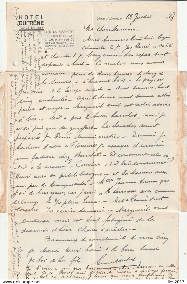 Dohan Sur Semois, Hotel Dufrêne, Lettre, 3 Scans - Florenville