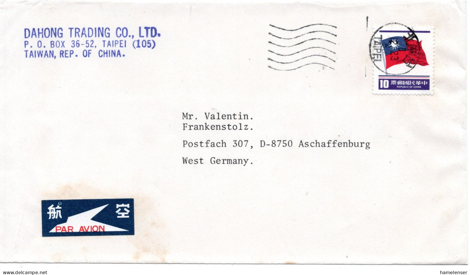 78879 - China / Taiwan - 1986 - $10 Flagge EF A LpBf TAIPEI -> Westdeutschland - Briefe U. Dokumente