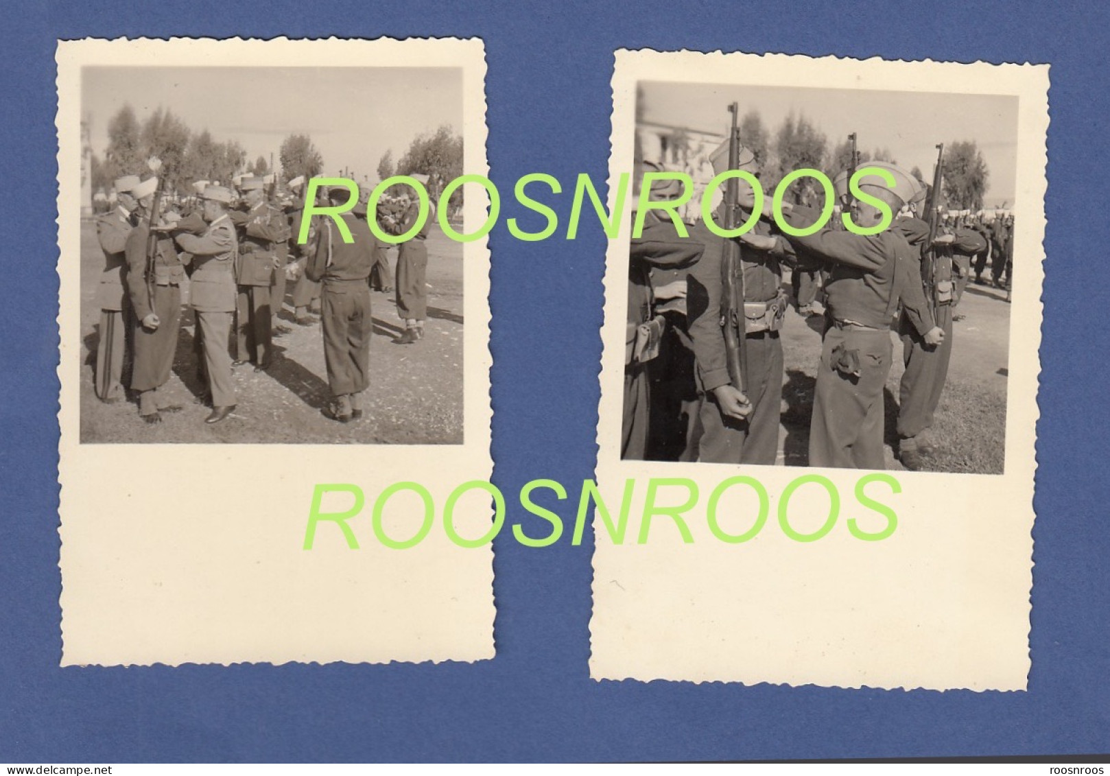 LOT DE 7 PHOTOS - MAROC - 1ER REGIMENT DE TIRAILLEURS MAROCAINS - REMISE DES FOURRAGERES - 1953 - Oorlog, Militair