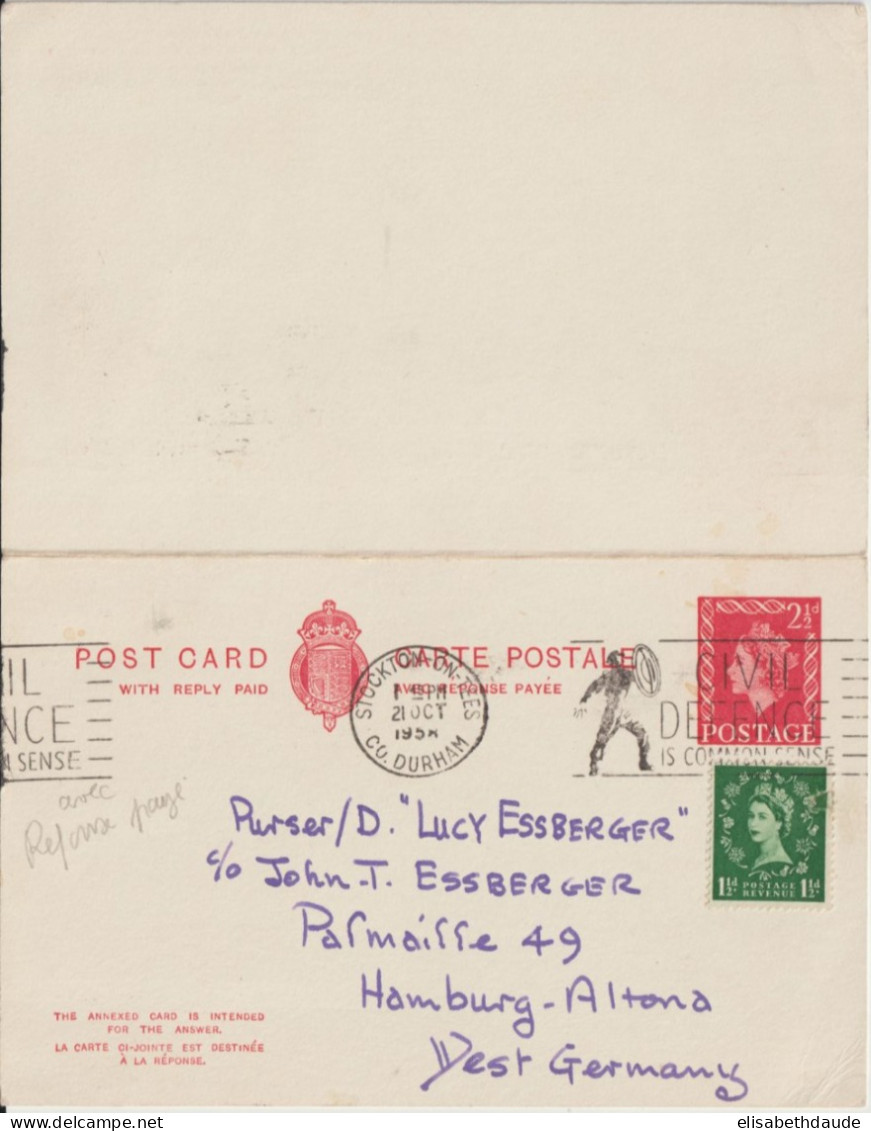 GB - 1958 - CP ENTIER Avec REPONSE PAYEE ! De STOCKTON-ON-TEES => HAMBURG (GERMANY) - Entiers Postaux