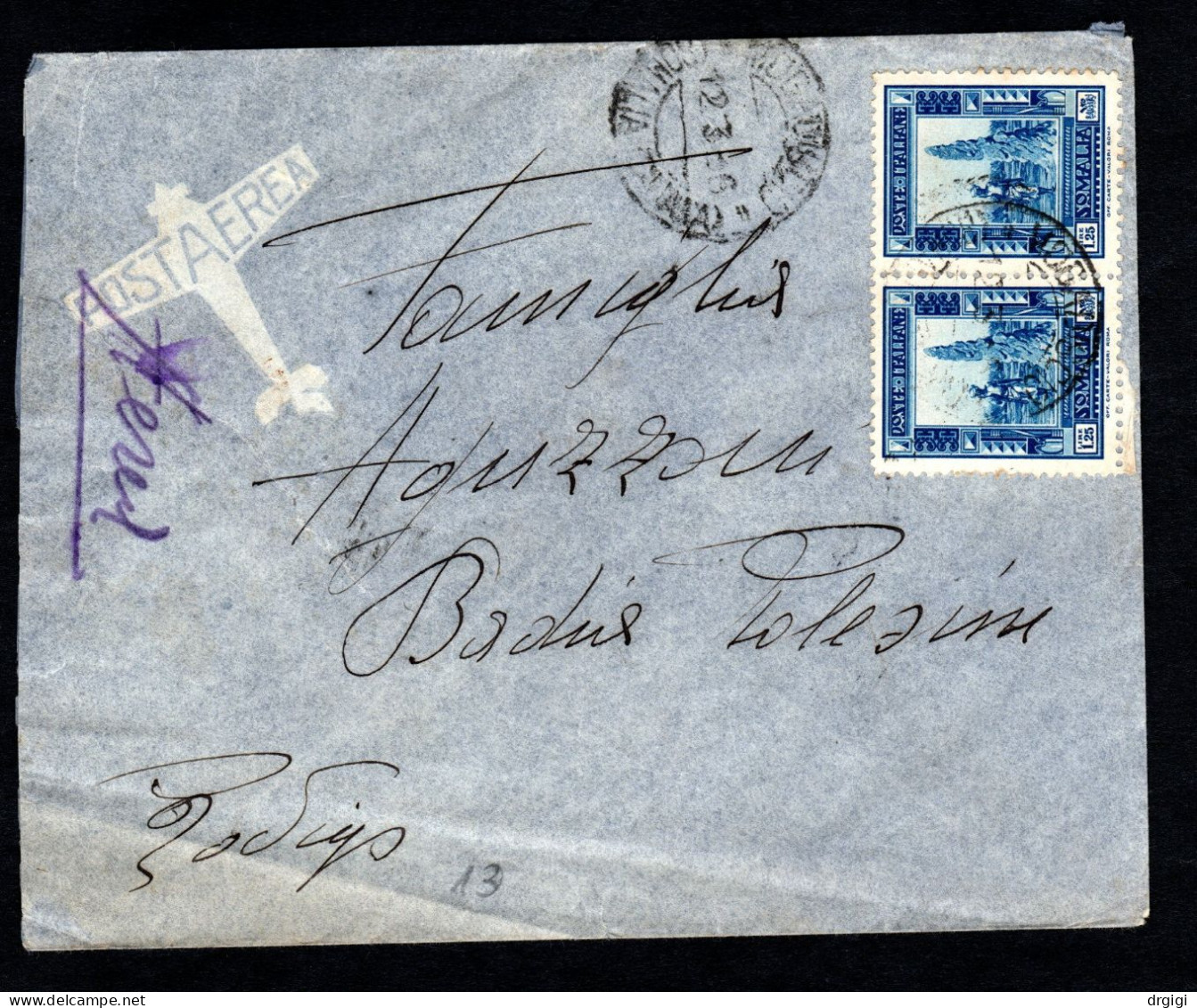 SOMALIA ITALIANA, BUSTA 1936, SASS. 177, MOGADISCIO X BADIA POLESINE, ROVIGO - Somalia