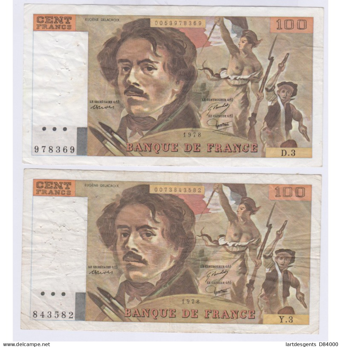 Lot 2 BILLETS FRANCE 100 FRANCS DELACROIX 1978 D3-Y3 L'ART DES GENTS NUMISMATIQUE AVIGNON - 100 F 1978-1995 ''Delacroix''