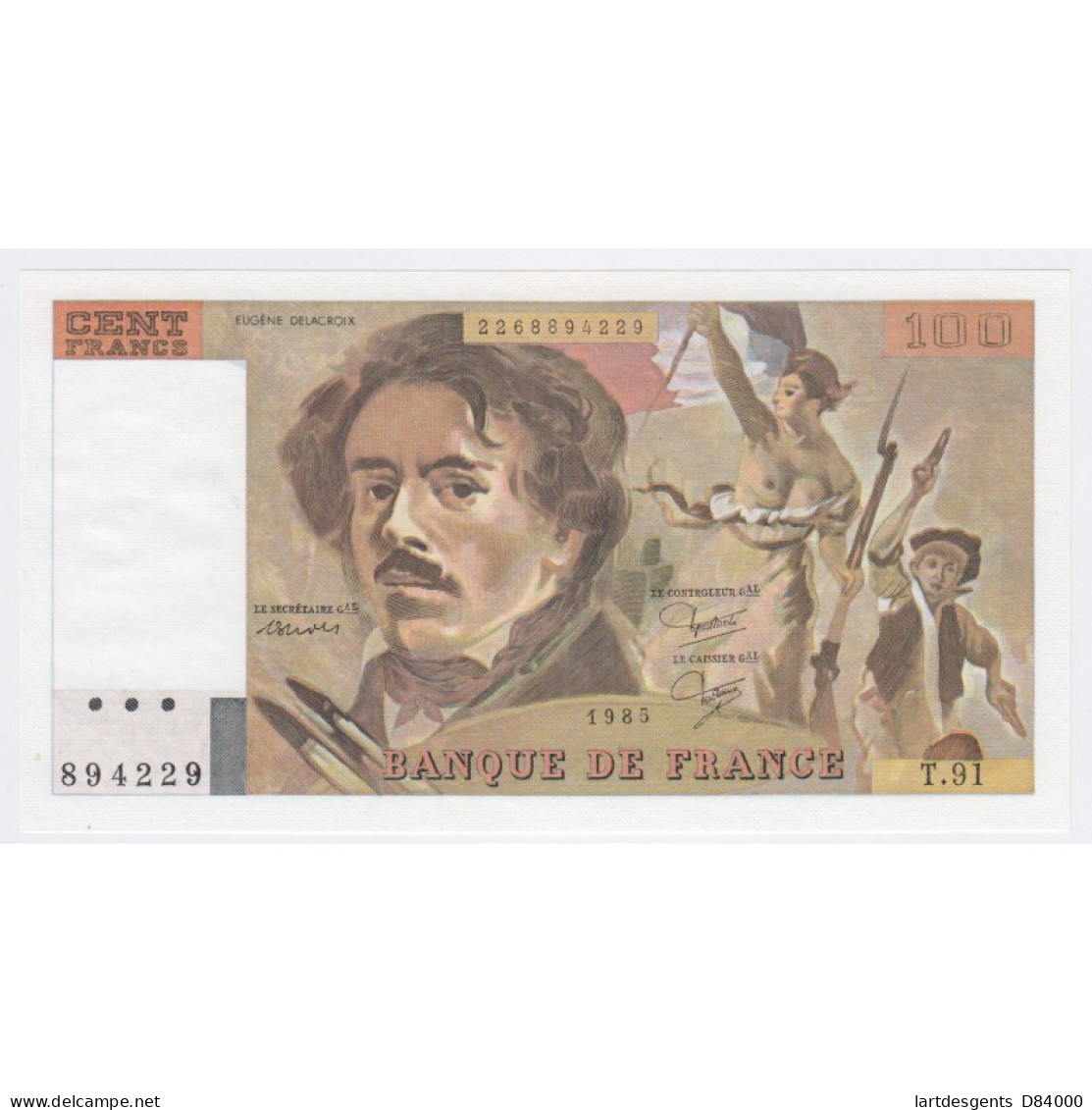 Billet France 100 Francs Delacroix 1985, T.91 894229, Neuf  Lartdesgents - 100 F 1978-1995 ''Delacroix''