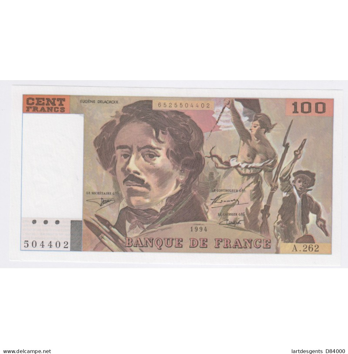 Billet France 100 Francs Delacroix 1994, A.262 504402, Neuf, Cote 60 Euros,  Lartdesgents - 100 F 1978-1995 ''Delacroix''