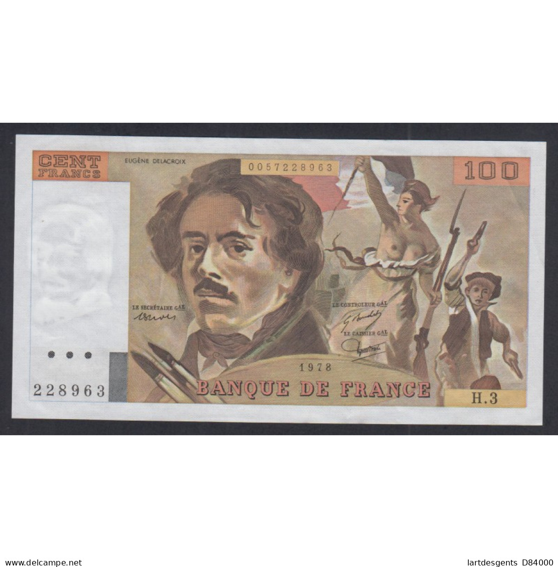 Billet France 100 Francs Delacroix 1978, H.3 228963, AU/UNC, Cote 80 Euros,  Lartdesgents - 100 F 1978-1995 ''Delacroix''