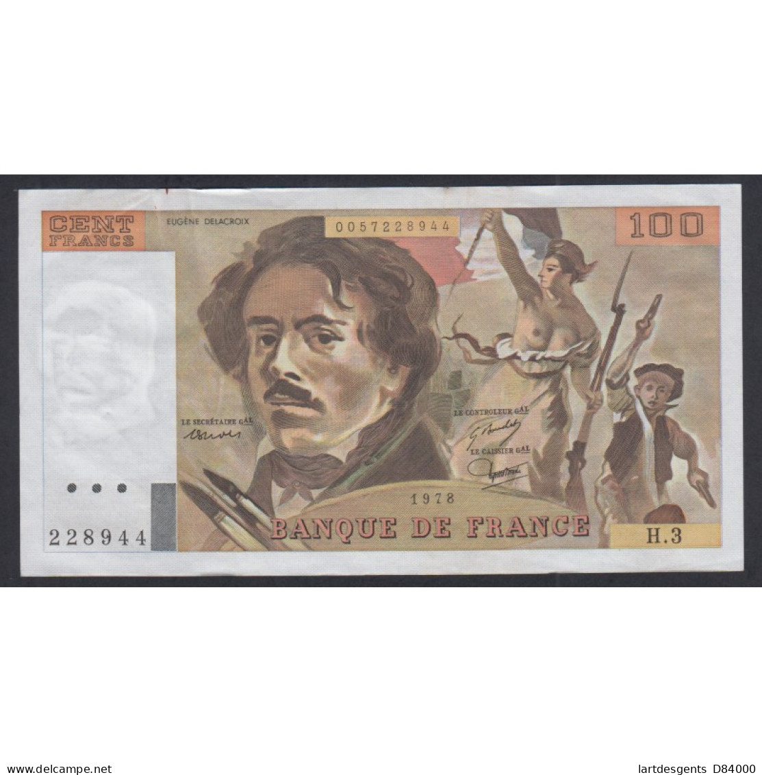 Billet France 100 Francs Delacroix 1978, H.3 228944, AU/UNC, Cote 80 Euros,  Lartdesgents - 100 F 1978-1995 ''Delacroix''