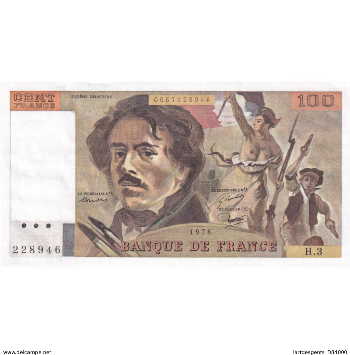 Billet France 100 Francs Delacroix 1978, H.3 228946 UNC, Cote 140 Euros,  Lartdesgents - 100 F 1978-1995 ''Delacroix''
