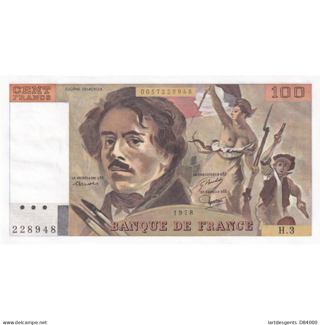 Billet France 100 Francs Delacroix 1978, H.3 228948 UNC, Cote 140 Euros,  Lartdesgents - 100 F 1978-1995 ''Delacroix''