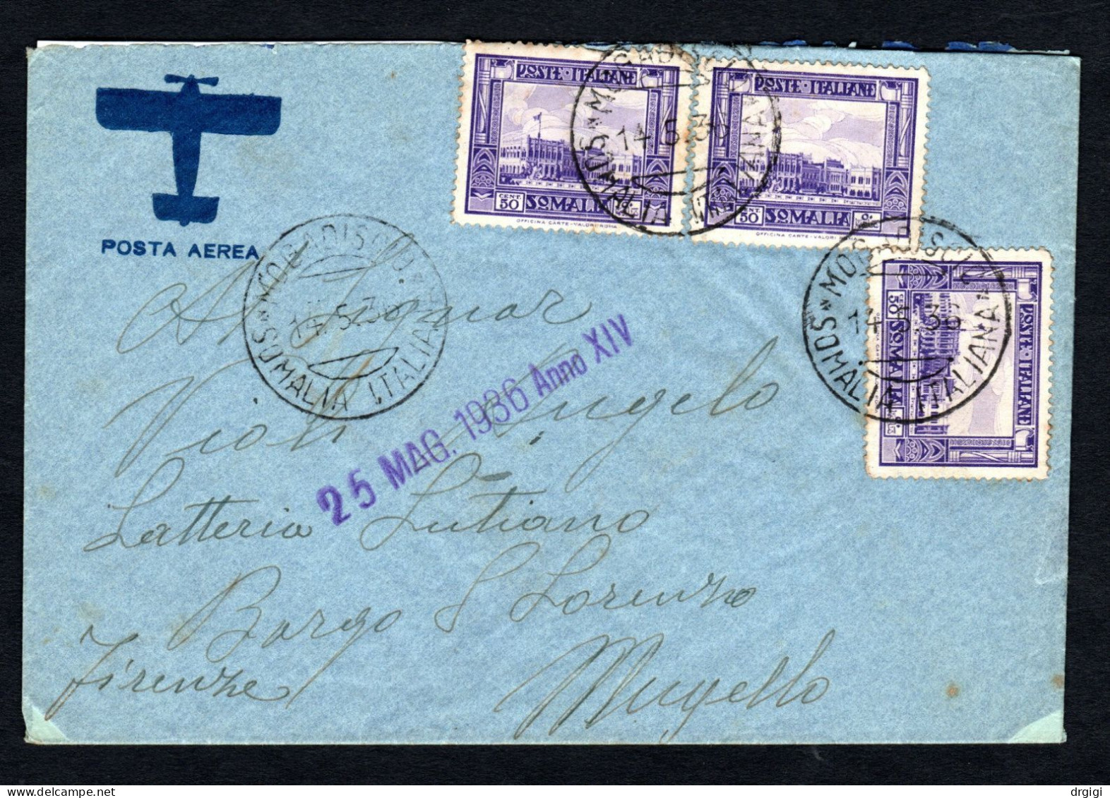 SOMALIA ITALIANA, BUSTA 1936, SASS. 221, MOGADISCIO X BORGO SAN LORENZO, FI - Somalië