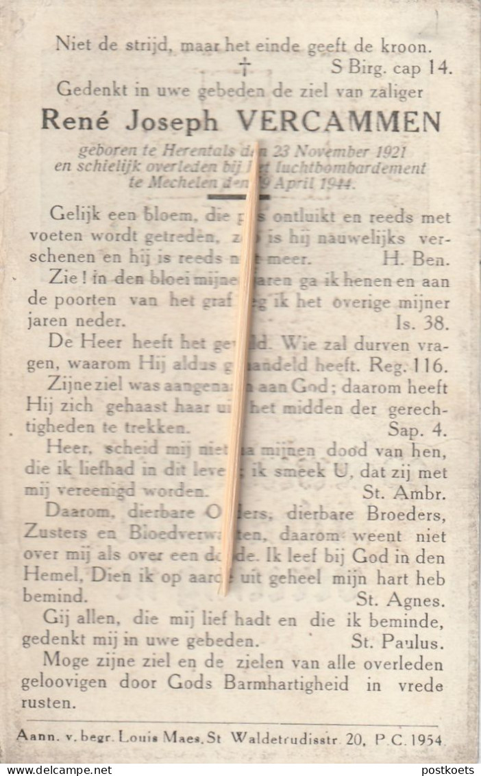 Oorlogsslachtoffer, 1944, Rene Vercammen, Herentals, Mechelen, Luchtbombardement, - Images Religieuses
